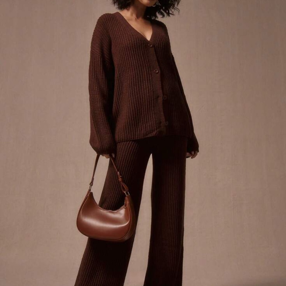 SHEIN Brown Ribbed Cardigan Sweater & pant set